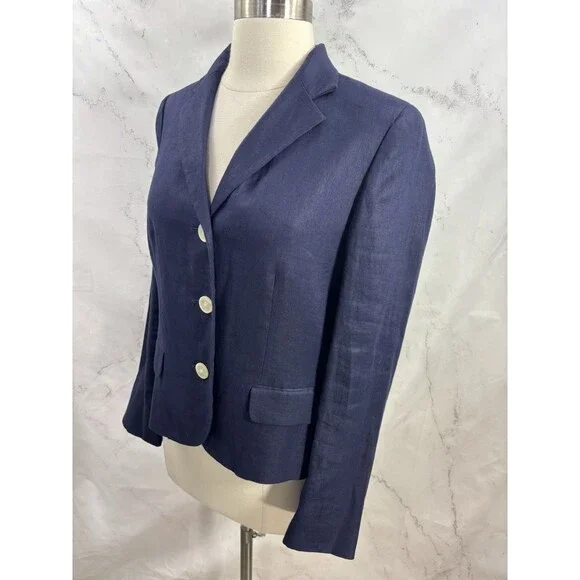 Lauren Ralph Lauren Navy Linen Blazer Jacket Coat Womens 10 P Lined Officecore - Picture 9 of 15